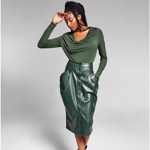 Jeannie Mai X INC Jagger Faux-Leather Draped Midi Skirt